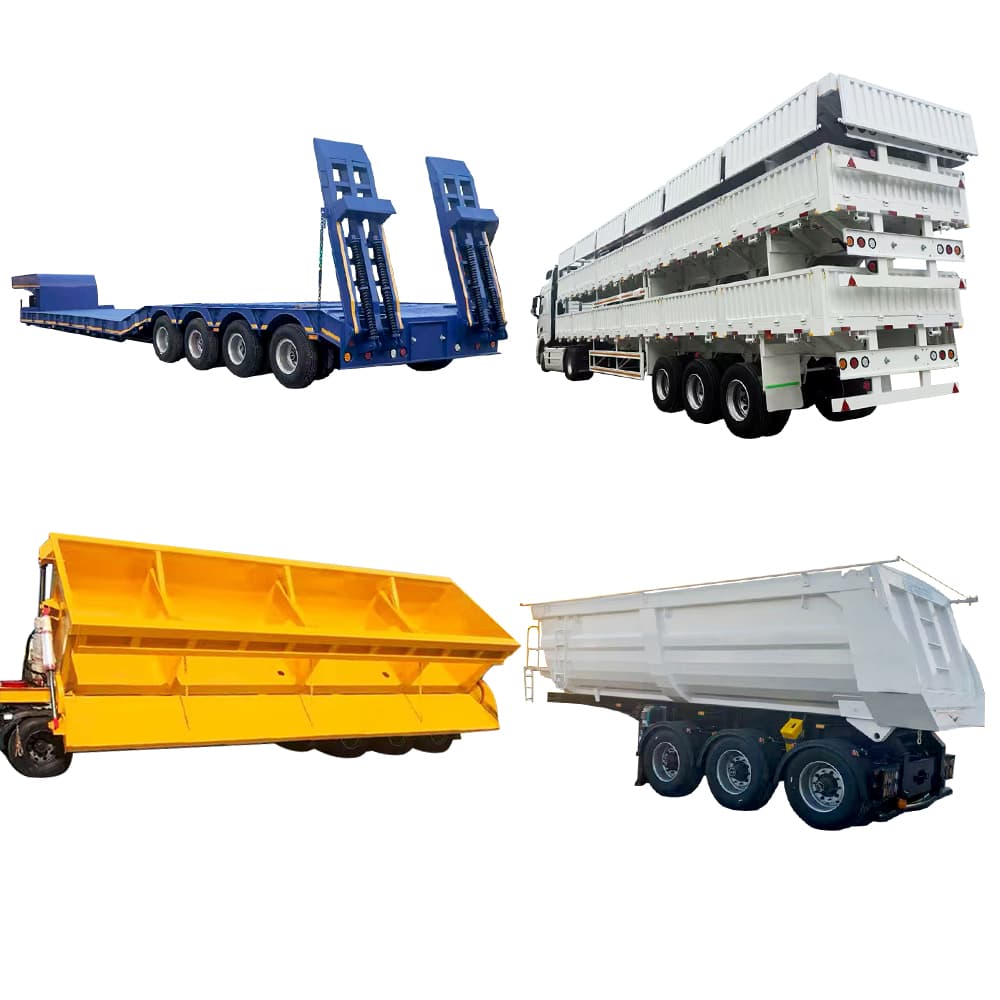 Lowbed, cargo, side-tipping, and dump trailer examples from the supplied catalog